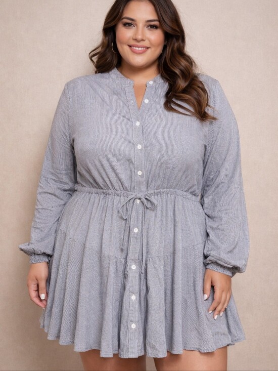 Vici Dresses & Skirts - VICI Gray Striped Button-Front Tunic Dress – Cinched Waist, Flowy Hem (Size M)